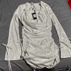 Fashion Nova Shiny Silver Long Sleeve Dress